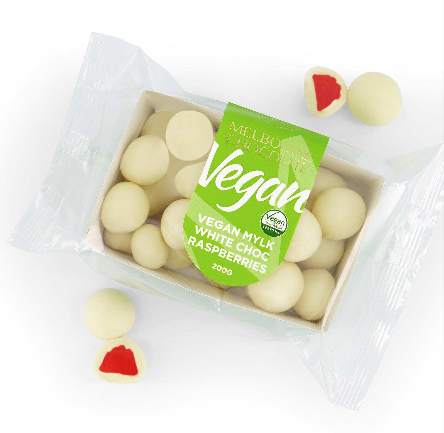 VEGAN MYLK WHITE CHOC RASPBERRIES